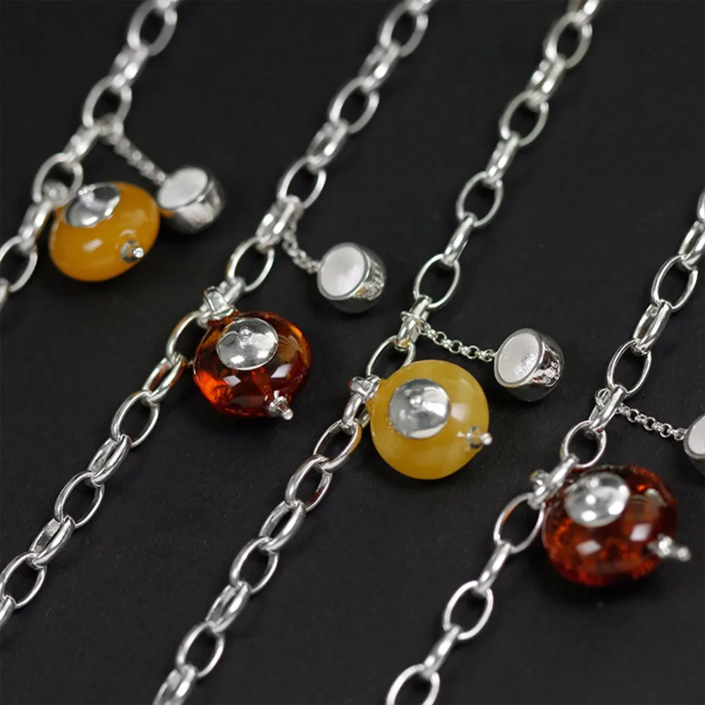 Lotus Fun Real 925 Sterling Silver Natural Amber Handmade Fine Jewelry Vintage Cute Teapot Bracelets for Women Bijoux