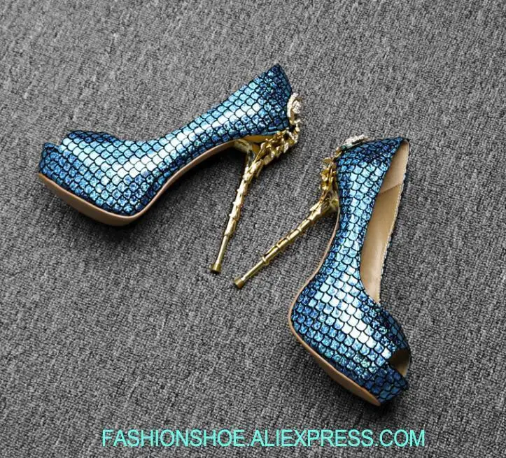 

Elegant Blue Fish Leather Women Sexy Peep Toe High Platform Pumps Crystal Scorpion Heel Ladies Slip On Party High Heels Size 42