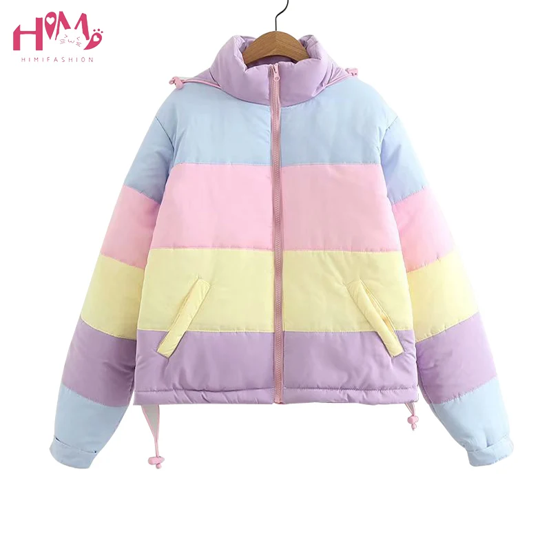 

Japanese Style Sweet Girl Cute Candy Colorful Hooded Coat Cotton Zipper Striped Winter Warm Coats Overcoat Size M or L for Women