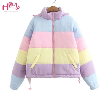 

Japanese Style Sweet Girl Cute Candy Colorful Hooded Coat Cotton Zipper Striped Winter Warm Coats Overcoat Size M or L for Women