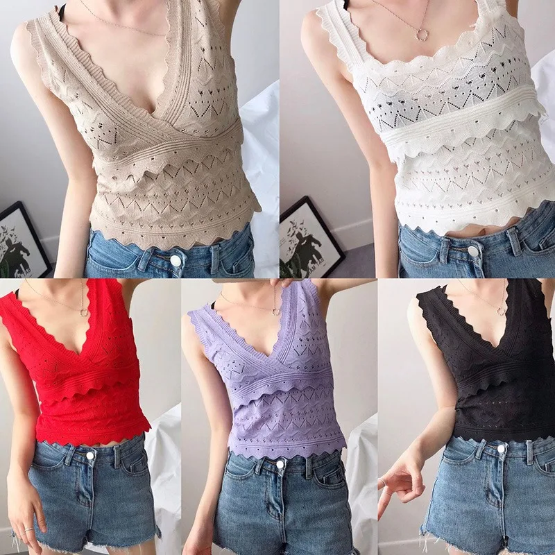 

Summer t shirt Lace Hollow Out Sleeveless T-Shirt For Women Casual V-Neck Tight Knit Sleeveless Shirt