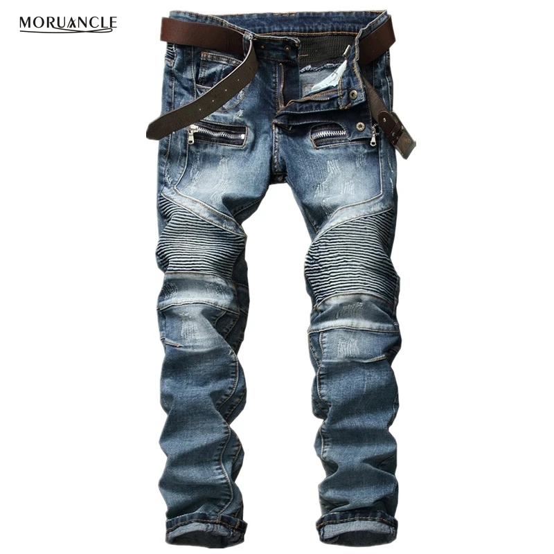 Brand Designer Men Biker Jeans Fashion Straight Motorcycle Denim Joggers Multi Zipper Pleated Slim Fit Pants