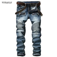 Brand Designer Men Biker Jeans Fashion Straight Motorcycle Denim Joggers Multi Zipper Pleated Slim Fit Pants