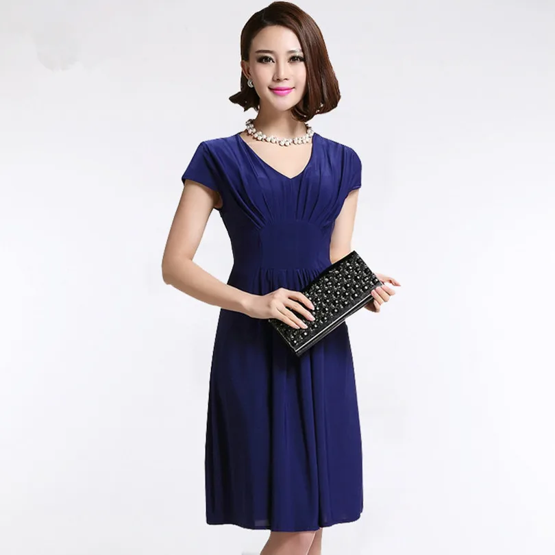 New Fashion 2016 Women's Short Sleeve Printed A line Work Dress V neck