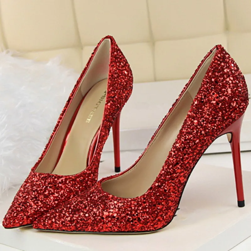 

Sexy Women Pumps High Heels Shoes Autumn Sequined Thin Heels Woman Party Shoes Brand Plus Size Pointed Toe Single Female Pumps