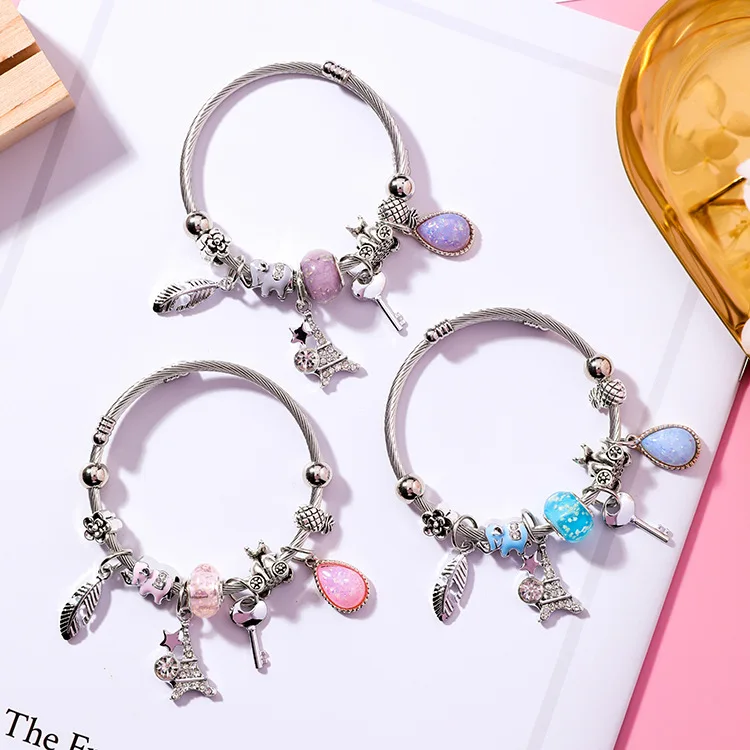 

Ethnic Feather Tower Key Pendant Adjustable Bracelet Crystal Beads DIY Stainless Steel Bracelets & Bangle for Women Jewelry Gift