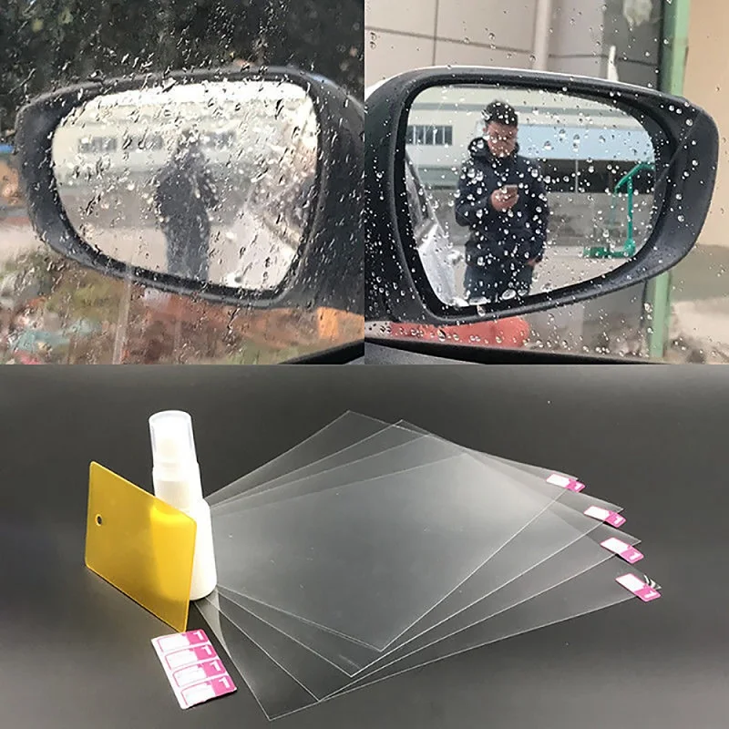 

New 4pcs Anti Fog Nano Coating Rainproof Anti-scratch Rear View Mirror Window Protective Clear Film + Scraper +Sprinkling Can