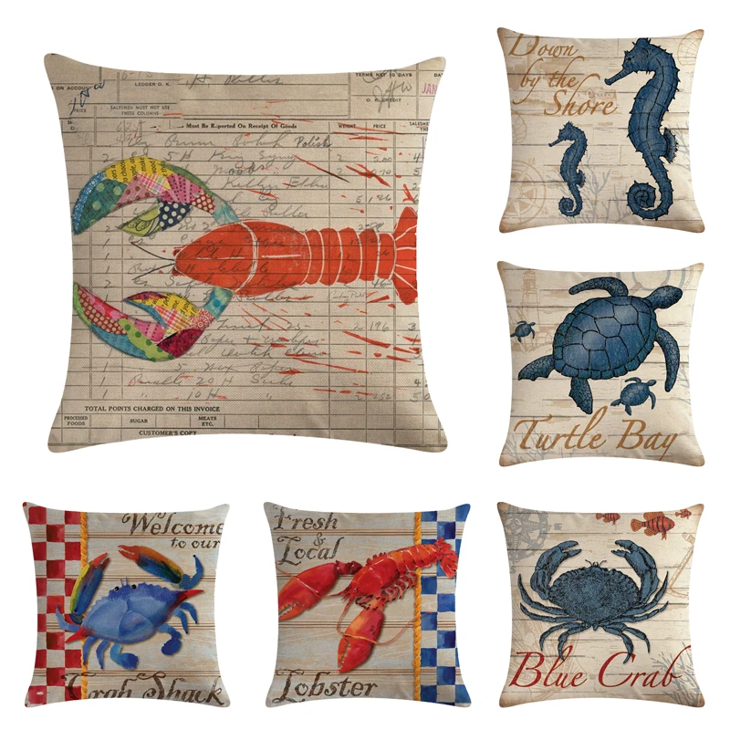 

45*45cm Oil Painting Marine Life Crab Lobster Animal Pattern Pillow Holder Suitable for Home Decoration Square Cushion Cover