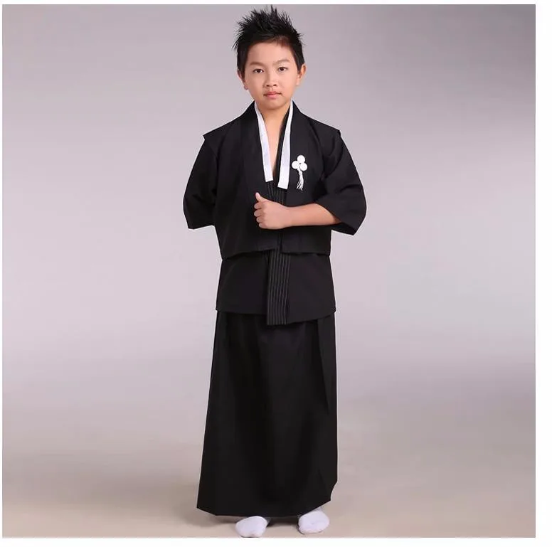Черное японское детское кимоно для мальчиков, детские костюмы воина для косплея, традиционный костюм для танцев выступлений юката