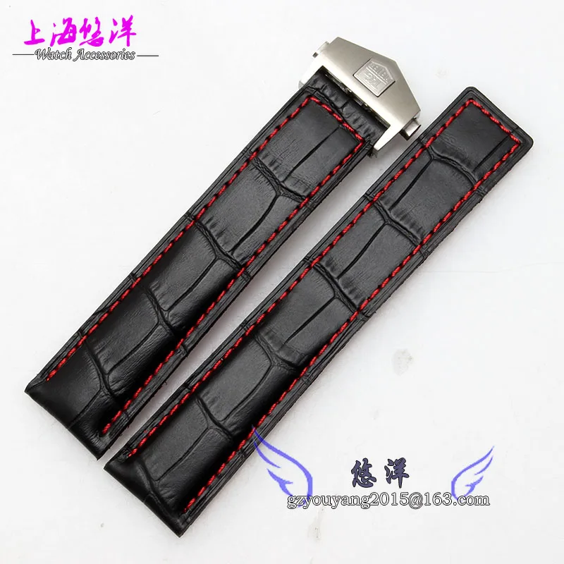 

20mm 22mm Mens Black Red Stitching Black Alligator Pattern Genuine Leather Watch Bands Strap Bracelets
