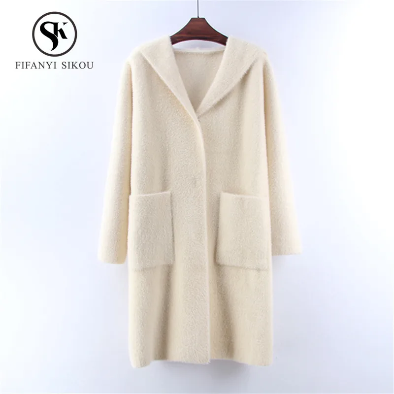 

Autumn Winter Warm Mink cashmere Long Cardigan women Hooded coat Casual Wool Knitting Sweater Female Single Breasted Overcoat