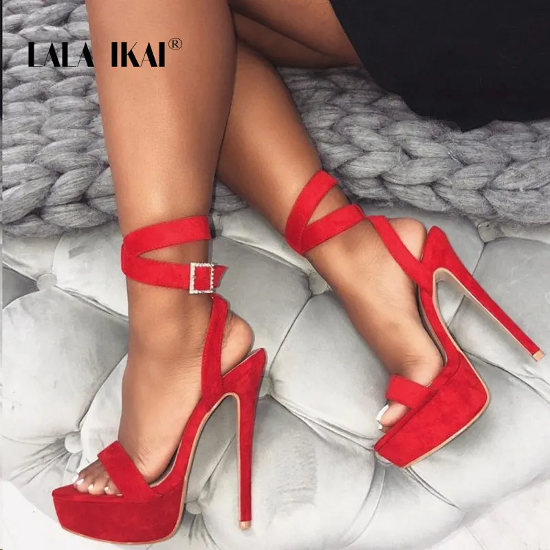

LALA IKAI Summer Women Platform Sandals Sexy Velvet Buckle Strap Ladies Sandals High Heel Party Shoes Sandalie Female 014C3401-4