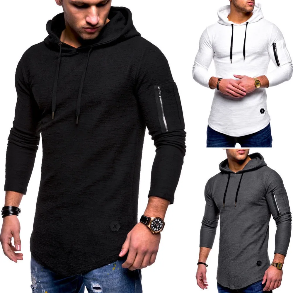 

Hip Hop Design Size M-3XL Men's Solid Color Crew Neck Hooded Long-sleeved T Shirt Arm Zipper Stitching Casual Pullover T-shirt