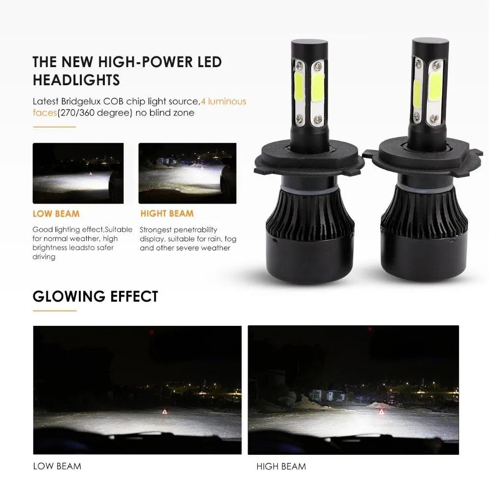 Oslamp 4 боковые светящиеся H4 H7 H11 9005 9006 COB 100 Вт 10000LM Автомобильные светодиодные лампы