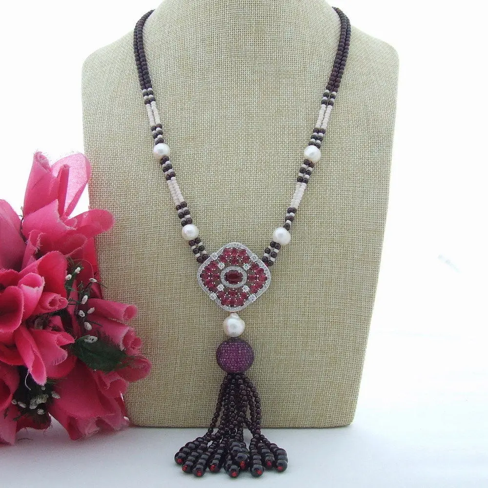 

Women's 25" Garnet Coral White Pearl Necklace Red CZ Pave Pendant