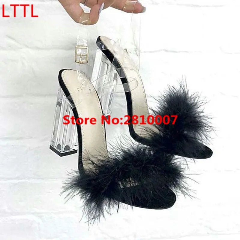 

Sweet Pink Furry Feather Transparent PVC Women Sandals Open Toe Clear Perspex Block High Heels Ankle Strap Sandals Shoes Woman
