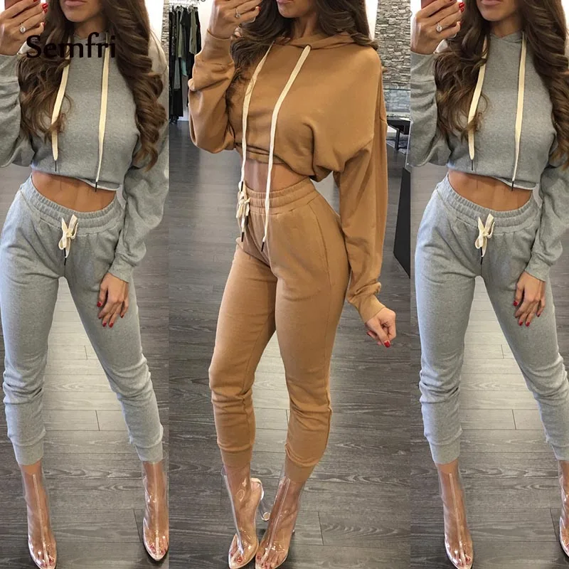 

Semfri Tracksuit Set Women 2pcs Hoodie Sweatshirt Crop Top Hoodies+Side Stripe Pants Winter Autumn Clothing Suits Activewear