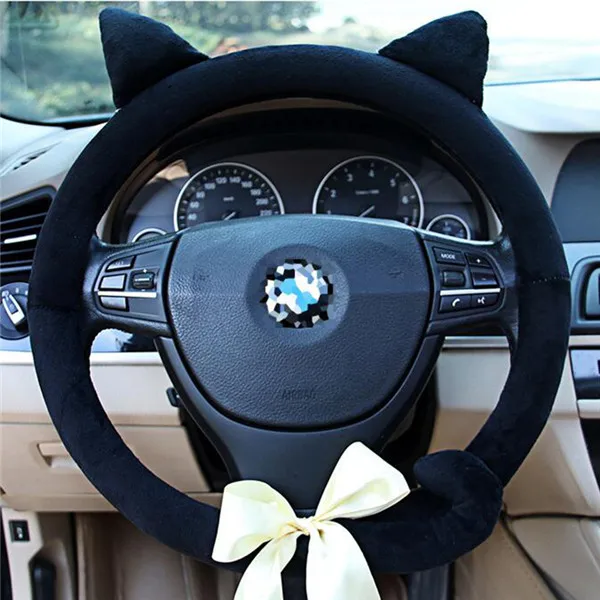 Car Interior Steering wheel Covers cat wheel Plush Short Warm Winter Case Ruffle Leather Cover Handle Auto forros de volantes - Название цвета: black