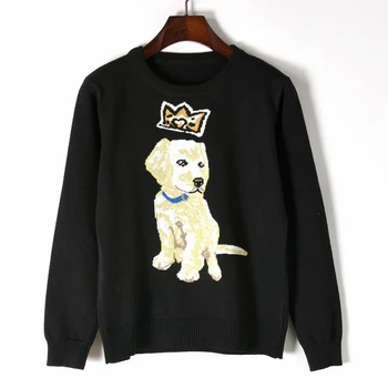 

Aoshe Women Sweaters and Pullovers 2018 New Runway Designer Puppy Embroidery Jumper Knit Pullovers pull femme