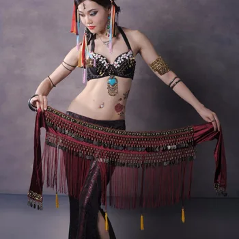 

2017 Coins Hip Scarf Belly Dance Fringe Waist Belt Bellydance Costume Set Accessories For Dancing Falda Danza Del Vientre