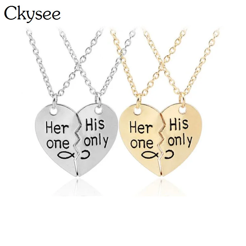 

Ckysee Her One His Only Couple Pendant Necklace Trendy 2Pcs Broken Heart Love Choker Necklace Collier Femme Valentines Day Gifts