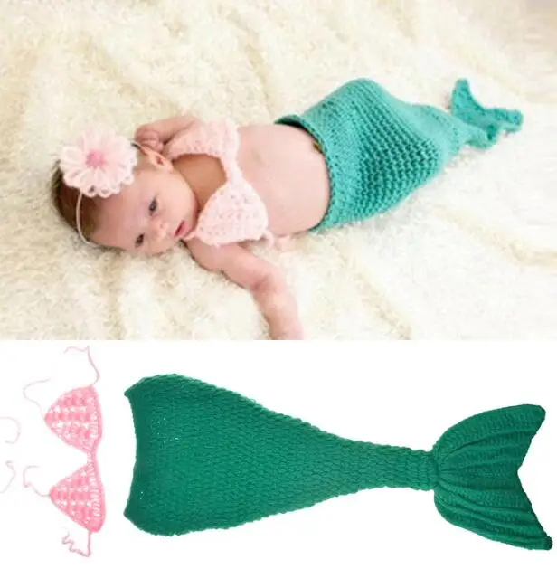Newborn Photography Baby Props Outfit Photo Costume Girls Handmade Crochet Mermaid Set Headband Bra Tail | Детская одежда и обувь