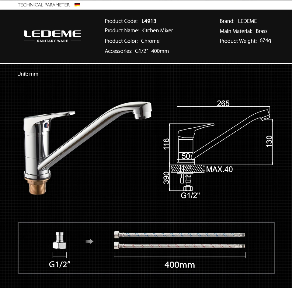 LEDEME Classic Style Kitchen Faucet Solid Brass Single Handle Cold and Hot Water Tap 360 Degree Rotation L4913