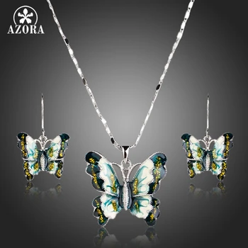 

AZORA Butterfly Design With Oil Painting Pattern Pendant Necklace and Drop Earrings Jewelry Sets TG0167