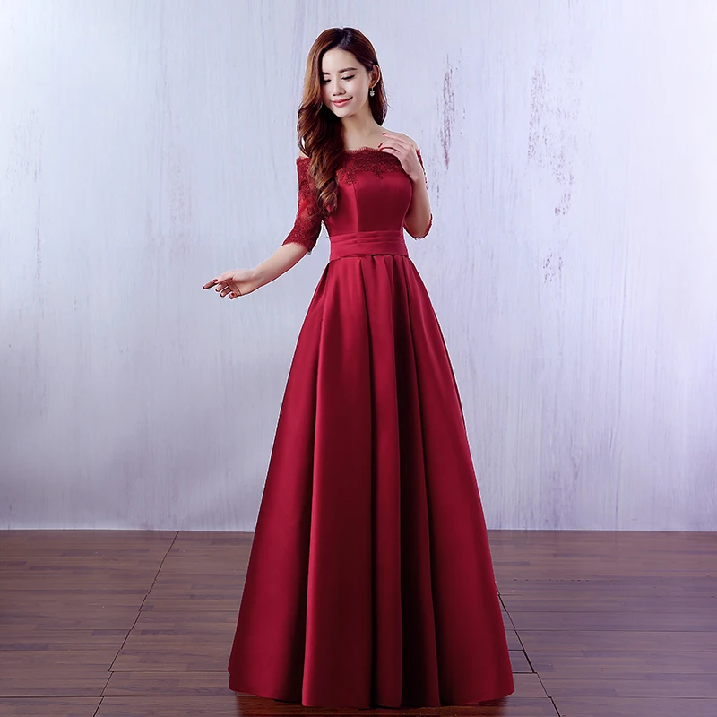 Robe De Soiree, роскошное атласное длинное вечернее платье винно-красного цвета с кружевной вышивкой и полурукавами, элегантное платье для банкета и выпускного вечера