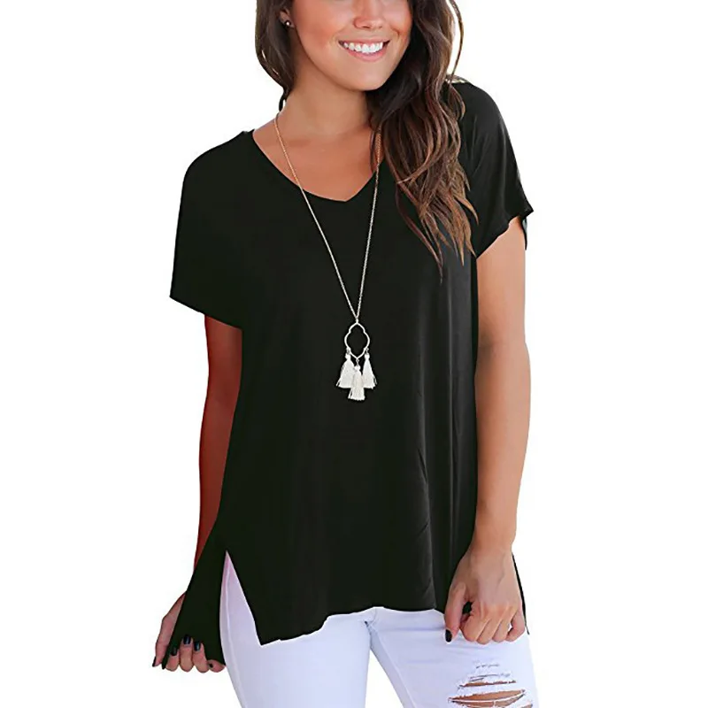 

Summer Women's Wear Short Front Back Long Slit Tops Fork V Collar Short Sleeve Loose Short T-shirt Dress V-Neck Casual Tee Shirt