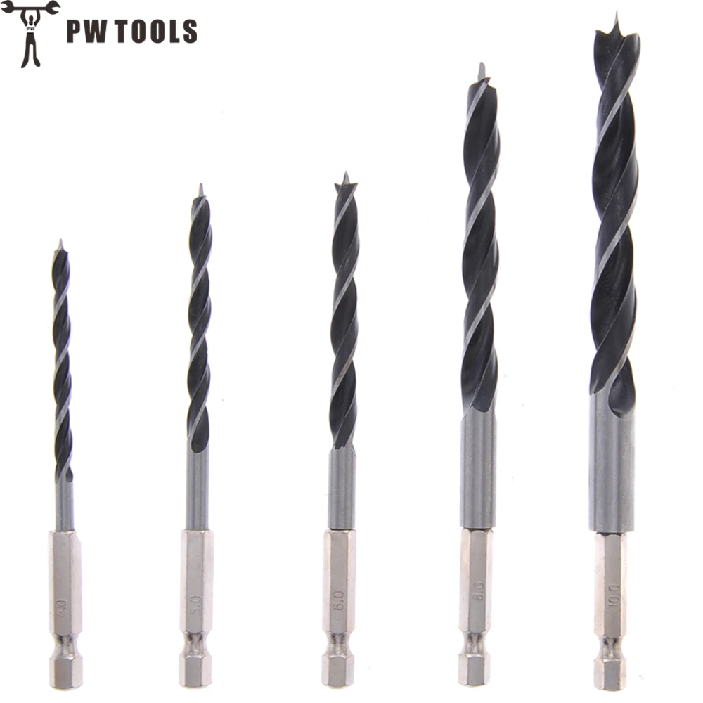 PW TOOLS 5Pcs High Quality 1/4" Hex Shank Wood HCS Drill Bit Set