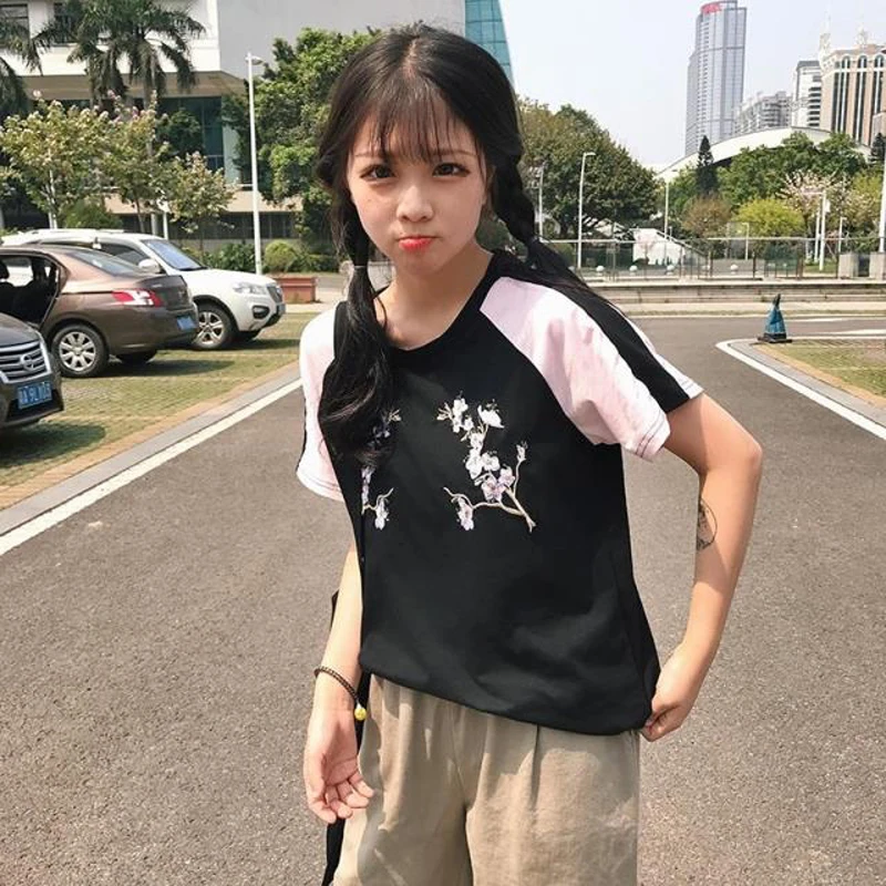 2018 Женская японская панк Harajuku Ulzzang Academy вышивка Лоскутная футболка свободная