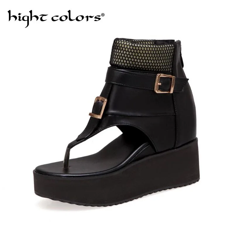 

Women Sandals Summer Casual Peep Toe Black PU Platform Wedge Comfortable Shoes For Woman Rome Style Cool Boots Back Zipper