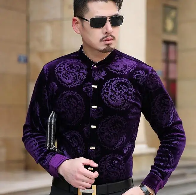 Новая импортная Одежда Мужские Роскошные брендовые рубашки cheval Chemise Homme Marque Lux Camisa Social Masculina Velvet Slik Shirts Slim - Цвет: Purple fur lining