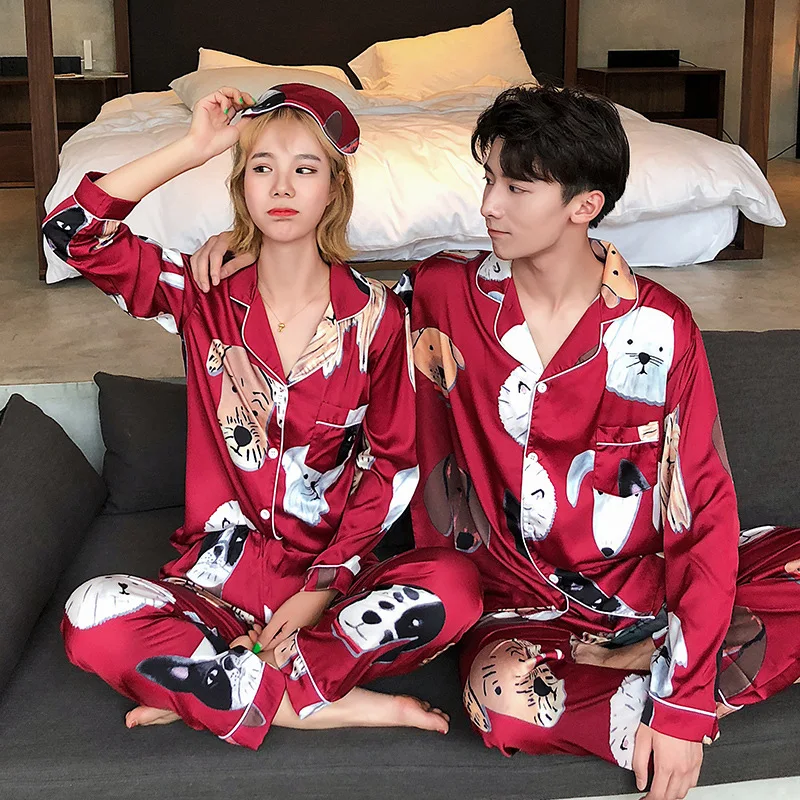 

Silk Full Length Couple Pajama Sets Women Print Long Sleeves Pajamas Female Home Clothing Pyjamas Sleepwear Suit Men Loungewear