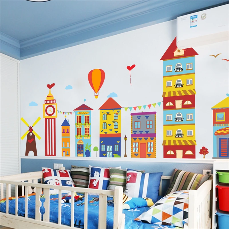 

cartoon building hot air balloon windmill wall stickers for kids rooms window home decor pvc wall decals diy mural art posters