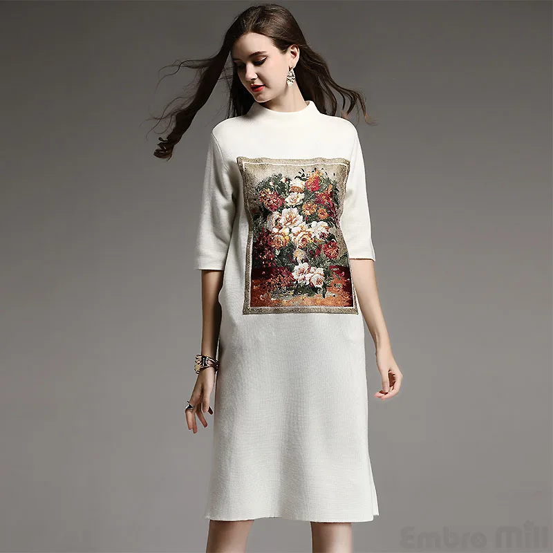 Осенне-зимнее базовое платье в китайском стиле, винтажное платье с вышитыми цветами и маслом, элегантное женское свободное трикотажное платье M-XXL