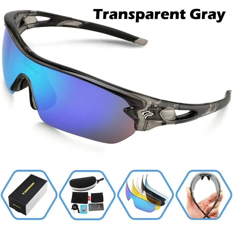 Поляризационные спортивные солнцезащитные очки для женщин с 5 сменными линзами для мужчин Велоспорт Бег вождения Рыбалка Гольф - Цвет: Transparent grey