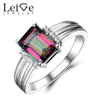 

Leige Jewelry Rings Mystic Topaz Sterling Silver Fine Jewelry Rainbow Gemstone Engagement Wedding Rings for Women Emerald Cut
