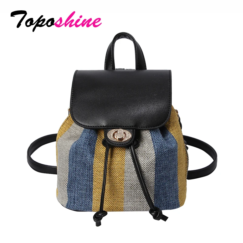 

Toposhine 2018 Autumn New Cotton Fabric Hit Color Women Backpack String Open Teen Girl Backpacks Fashion Shopping Shoulder Bag