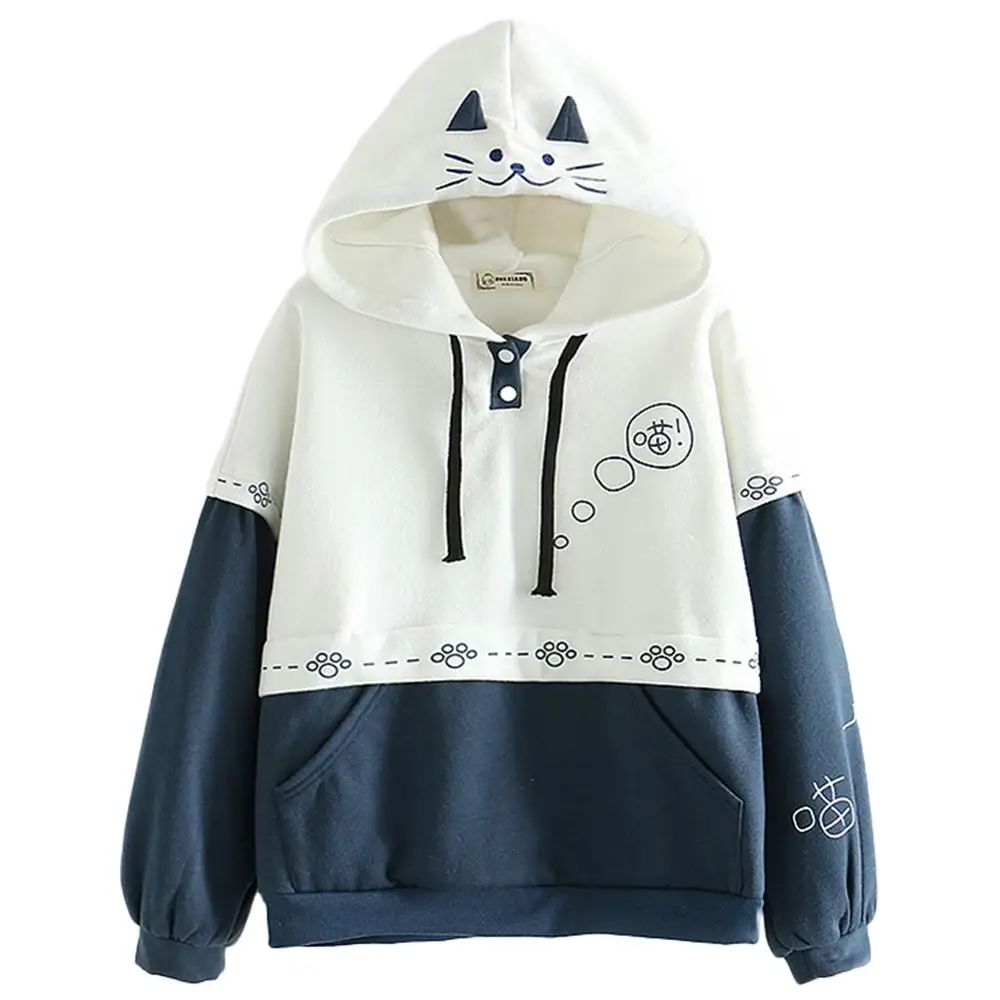 

2019 Spring Autumn Youth Fashion Trend Japanese College Style Cute Cat Ears Teenagers Plus Velvet Warm Hooded Sweatshirts