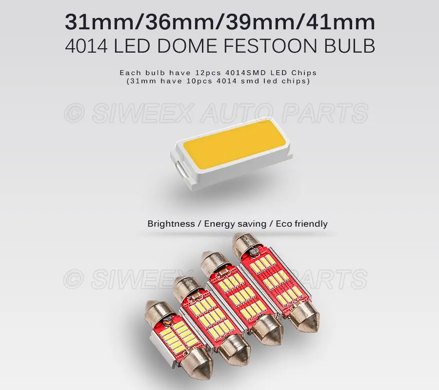 Светодиодная лампа 31 мм 36 39 41 2 шт. 12 4014 Smd светодиодов белый свет купольная