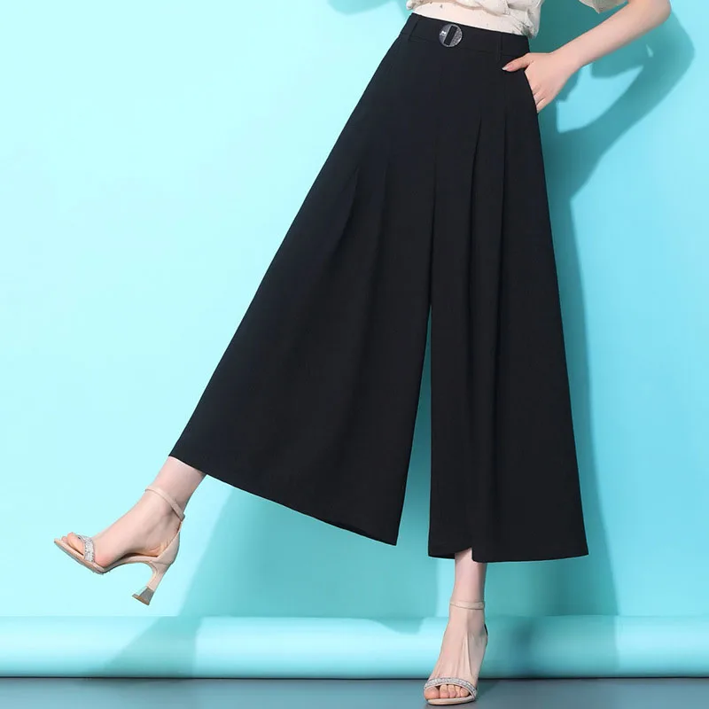 Wide Leg Pants Women Summer Chiffon Pants Fashion  Ankle Length High Waist Solid Black Chiffon Female Loose Casual Pant Trouser