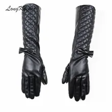 Высокое качество длинный кожаный Прихватки для мангала для Для женщин полный палец бантом опера Длина Прихватки для мангала Для женщин рукава Зимние черные сапоги варежки sxj202