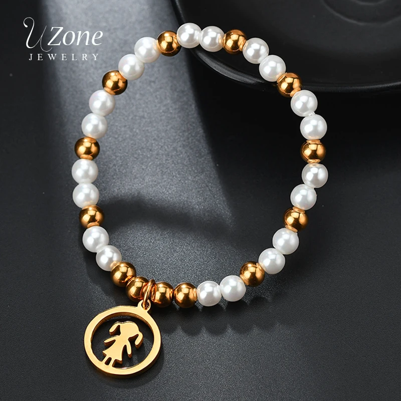 

UZone 6mm Pearl Strand Charm Bracelet Girl Boy Women Beauty Stainless Steel Bracelet&Bangle For Women Simulated Pearl Jewelry