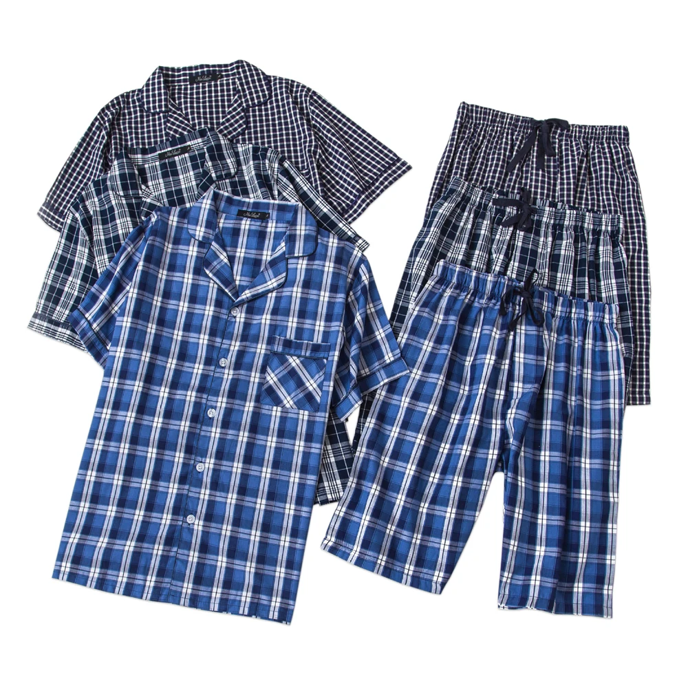 Summer 100 cotton short pajamas sets men sexy plaid short sleeve
