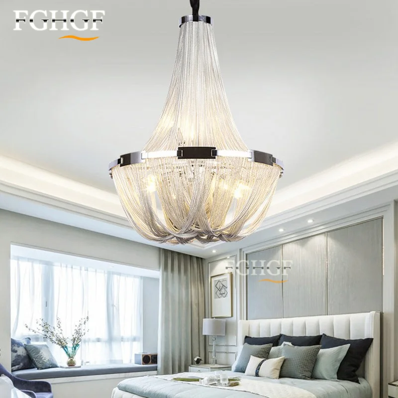 French Aluminum Chain Chandelier Light Fixture Empire Vintage Hanging Suspension Lustre Chain Chandelier Drop Light for Hotel (1)