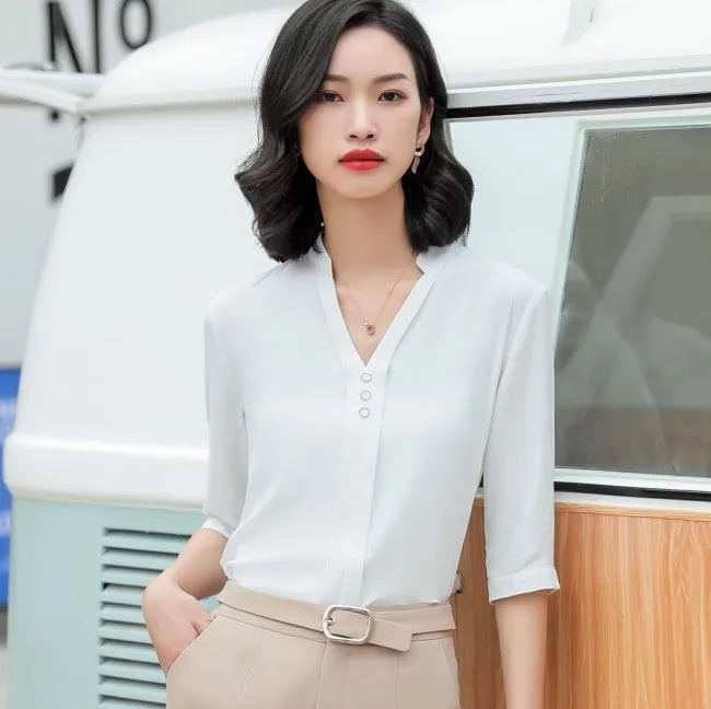 Модная женская рубашка с рукавом средней длины, повседневная, для работы, элегантная, v-образный вырез, для деловых встреч, формальная шифоновая блузка, для офиса, для леди, топы размера плюс - Цвет: White