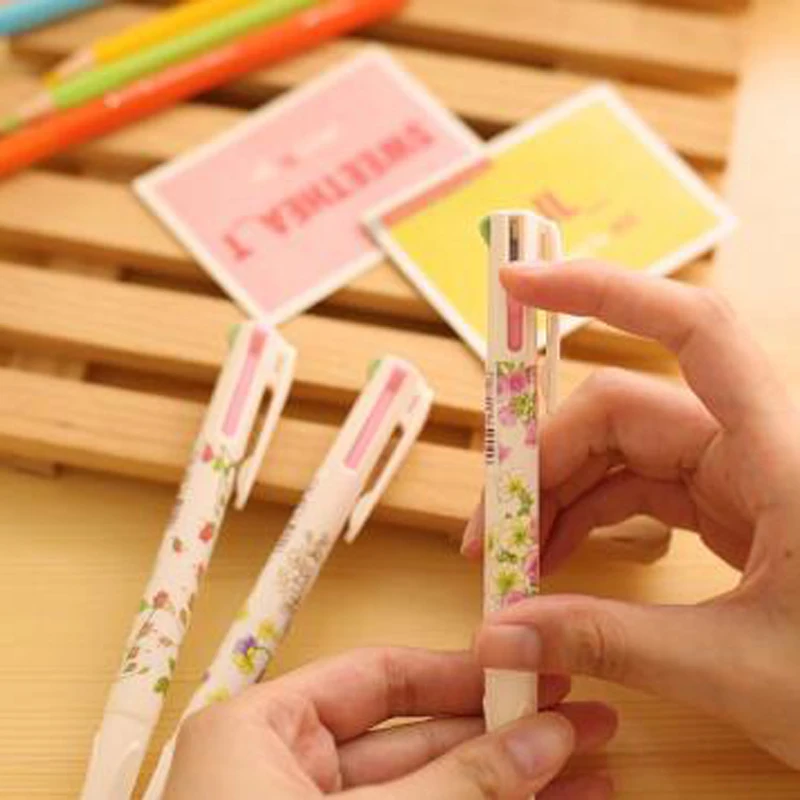 4 In 1 Colored Ballpoint Pen Floral Pens Kawaii Stationery Writing Pens 0.5mm Office School Supplies Ink Black Green Blue Red