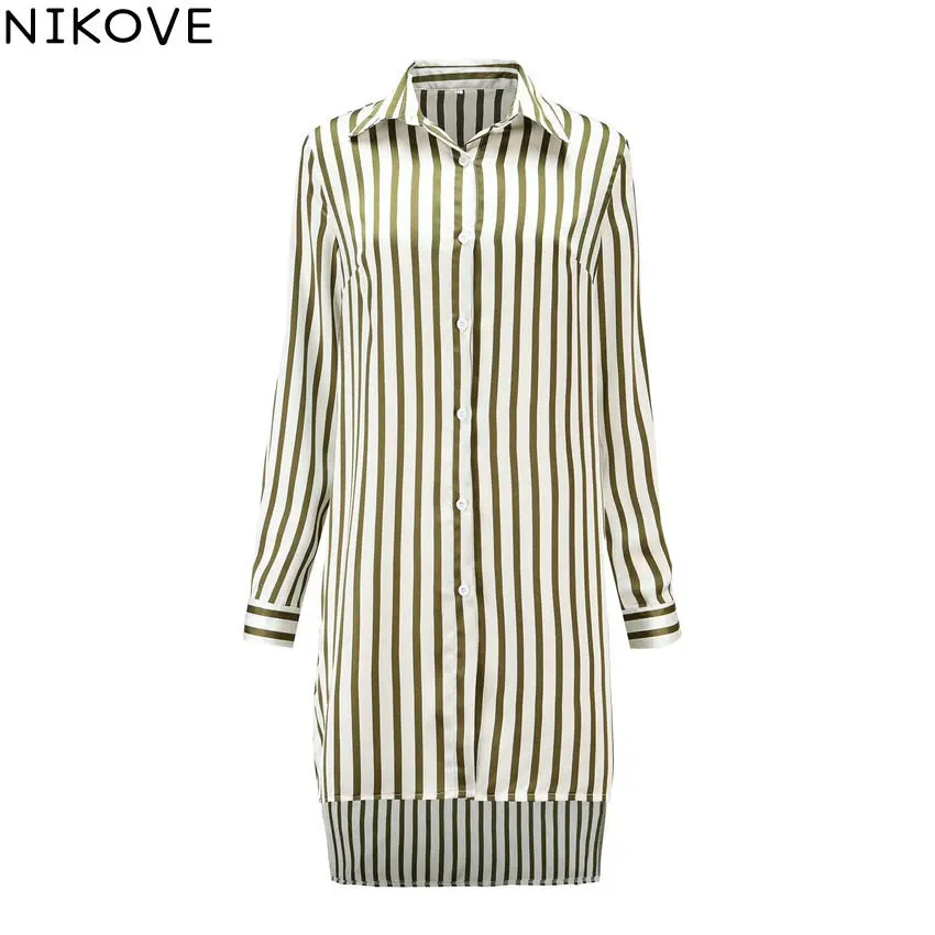 

NIKOVE 2019 Women's Irregular Blouse Fashion Striped Long-sleeved Long Shirt Spring Autumn Women Turn-down Collar Tops Size S-XL
